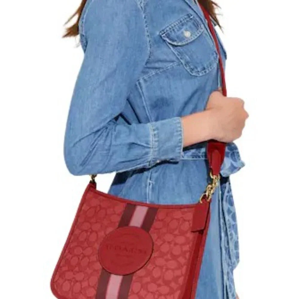 Coach Red Signature Canvas Crossbody Bag with Pink Stripe